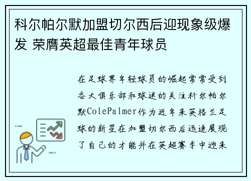 科尔帕尔默加盟切尔西后迎现象级爆发 荣膺英超最佳青年球员