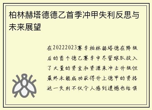 柏林赫塔德德乙首季冲甲失利反思与未来展望